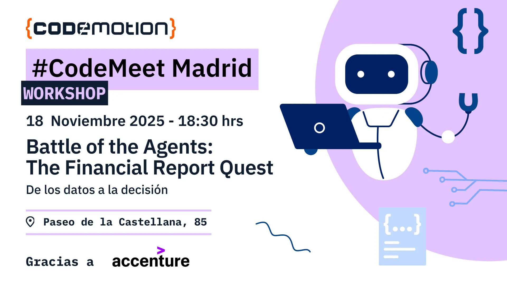 Foto de portada del evento CodeMeet Madrid: Battle of the Agents: The Financial Report Quest